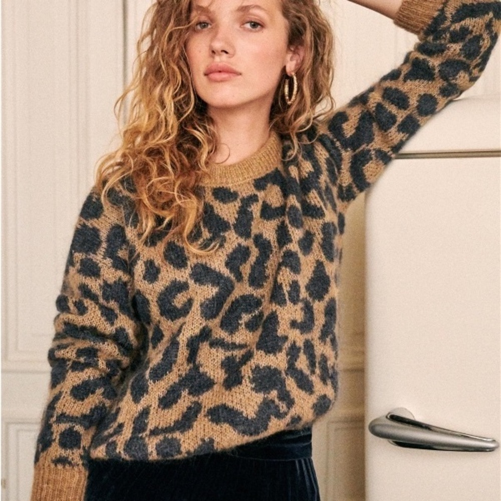 Brown and Black Crew Neck Sweater with Bold Leopard Print